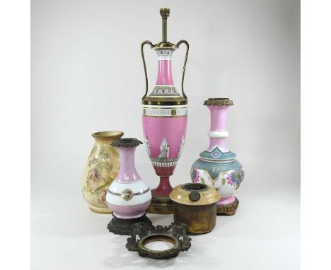 Four oil lamp bases, together with a font, highest 61cm (4)