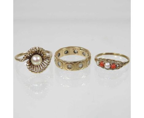 Two 9 carat gold dress rings, together with a full hoop eternity ring (3)