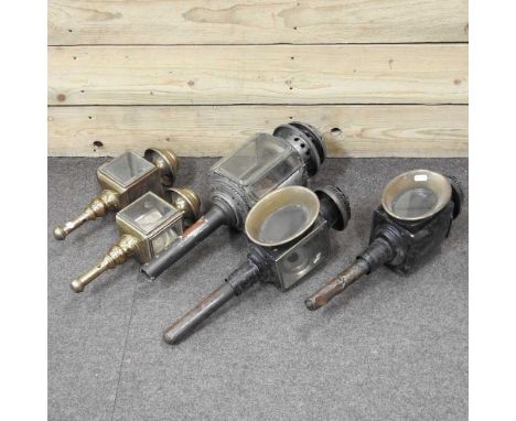Two pairs of coaching lamps, together with a large lamp, 51cm high