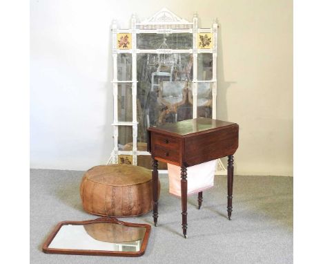 A Victorian rosewood work table, together with a wall mirror. a white painted wall mirror and leather pouffe (4)