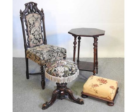 A carved and tapestry upholstered chair, together with a carved circular piano stool, a foot stool and an occasional table (4