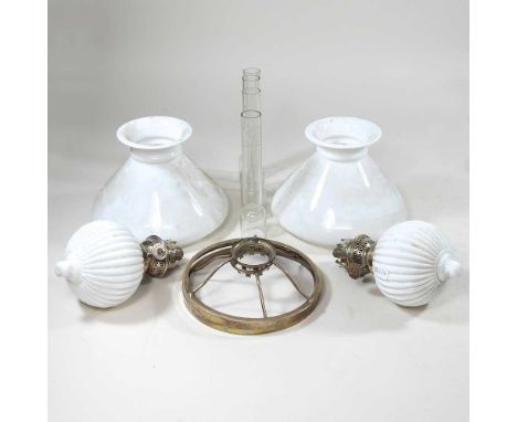 A pair of peg oil lamp white glass fonts, with shades, 13cm highThis lot is incomplete as they have no stands. The bases have