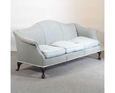 An early 20th century blue upholstered sofa, on claw and ball feet200w x 90d x 80h cmOverall solid and usable, fabric is disc