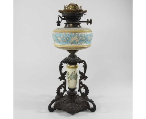 A Doulton style oil lamp base, with a pottery reservoir, 44cm highNo visible cracks on font, but very dirty inside so hard to