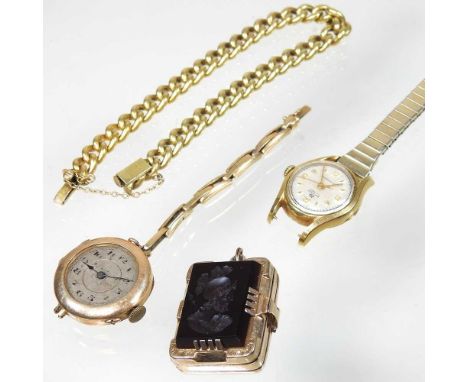 A Bucherer ladies 18 carat gold case wristwatch, together with gilt hardstone locket, with a chalcedony intaglio seal, a 14 c