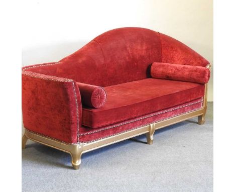 A modern gilt painted and red upholstered sofa217w x 92d x 104h cm