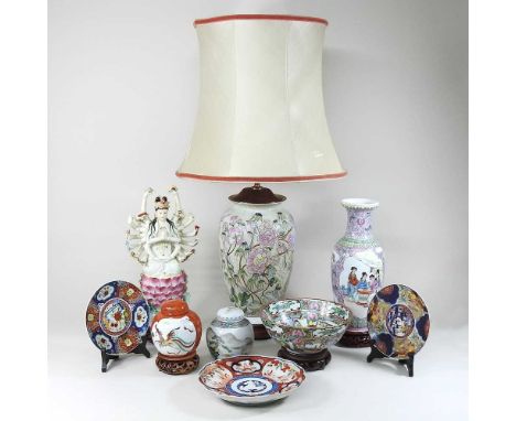 A collection of oriental china, early 20th century and later, to include a table lamp and vases