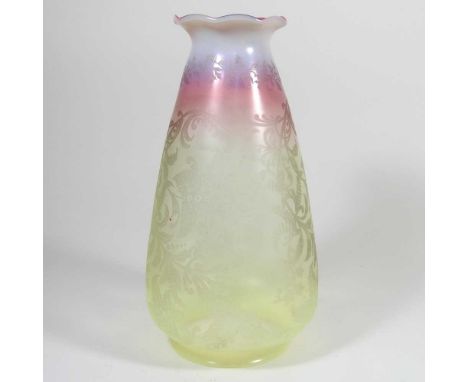A vaseline glass oil lamp shade, with moulded decoration, 28cm highOverall looks to be complete but dirty, various light surf