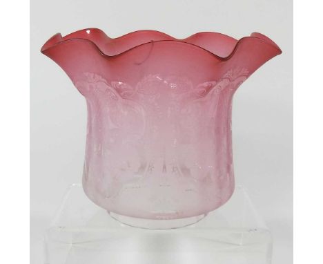 A pink etched glass oil lamp shade, 17cm high
