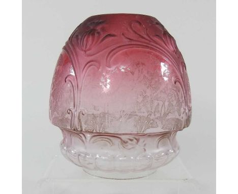 A pink etched glass oil lamp shade, 20cm highOverall dirty but looks to be complete, with light surface marks and rough edge 