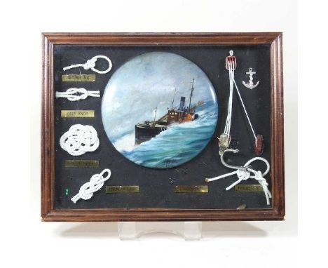 Len Cable, 1925, a Lowestoft fishing vessel, oil on ceramic, signed and dated 1925, in a display frame, 25 x 32cm