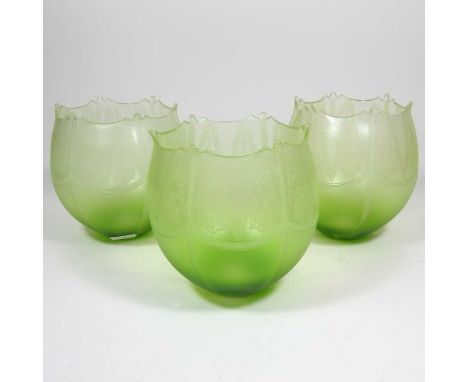 Three green etched glass lamp shades, 13cm highOverall dirty with light marks, but appear to be complete