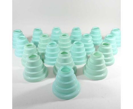 A collection of turquoise coloured glass and deco lamp shades, 13cm highOverall quite dirty with light surface marks, some di