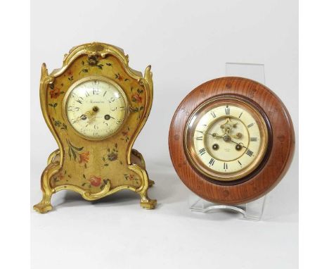 An early 20th century French painted mantel clock, 29cm high, together with a wall clock (2)