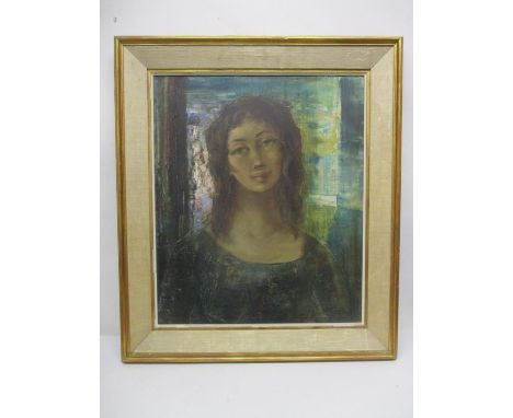 Guy Cambier - a head and shoulder portrait of a woman with long brown hair, oil on canvas, signed lower right corner, chalked