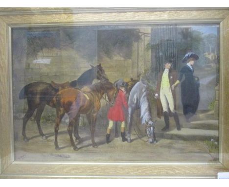 G E James - a study of three hunters and a huntsman with a lady and gentleman looking back towards a country estate, tinted p