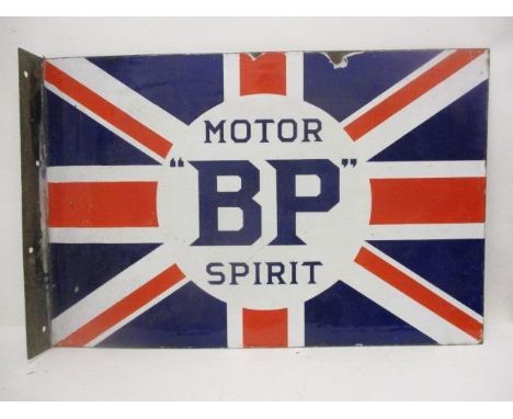 An enamelled metal BP Motor Spirit, double sided advertising sign with a Union flag background and an angled end, 16" x 24 1/