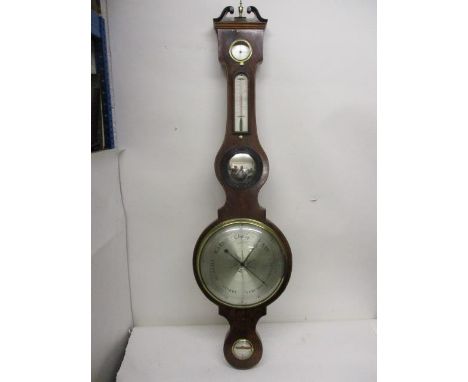 An early 19th century Scottish, string inlaid mahogany cased, wheel barometer having a swan neck pediment over a dry/damp, a 