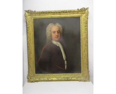 Late 19th century British School - a half length portrait of a gentleman wearing a white wig, a white scarf and a brown jacke