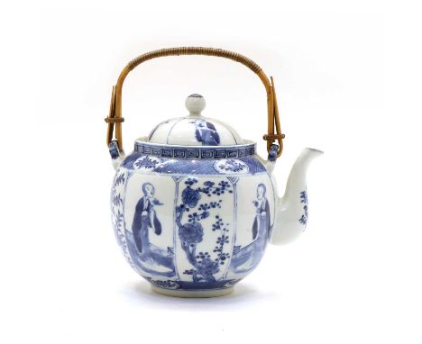 A Chinese export blue and white teapot and cover, Guangxu (1875-1908), of globular form, painted with ladies and flowers in s