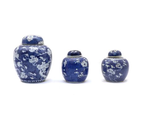 Three Chinese blue and white jars and covers, Guangxu (1875-1908), each painted with blossoming prunus against blue ground, t