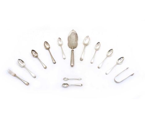 A collection of silver flatware, to include a George III fish server, 29cm long, with associated handle, a pair of bright cut