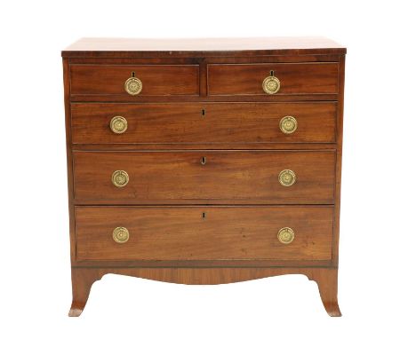A Georgian mahogany chest of drawers, c.1800, with two short over three graduated long drawers on splay feet, 85cm wide, 50cm
