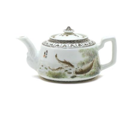 A Chinese enamelled teapot, of tapering cylindrical form, painted with catfish surrounded by weeds in a river, inscribed with