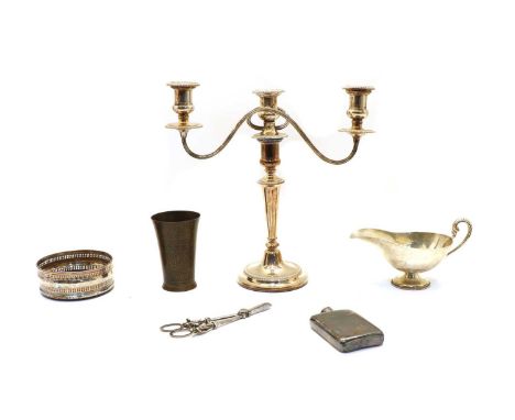 A collection of silver plated items, include a pair of Swedish three branch candelabrum, 24.5cm wide, a pair of three branch 