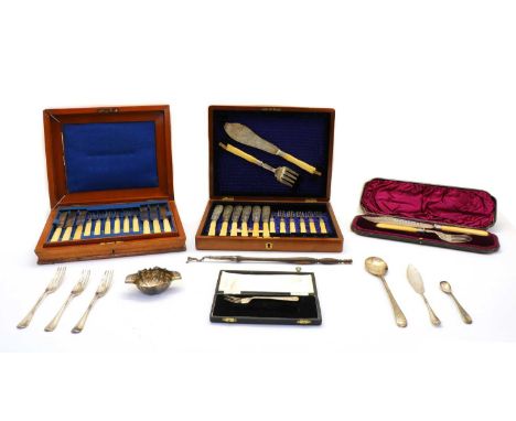 A collection of silver and silver plated flatware, comprising a cased set of silver fish servers, by William Hutton &amp; Son