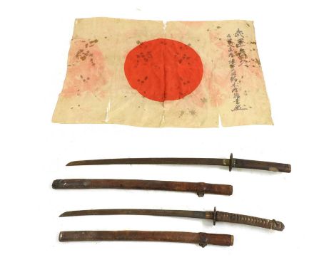 A Second World War Japanese officer's sword, with a single edged blade, cast and pierced tsuba and a bound shagreen handle, t