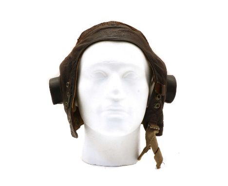 A leather pilot's helmet, inscribed 'Ray Axford'Condition report: Leather surface has wear and deterioration, one eye surroun