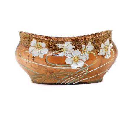 A Legras glass jardinière, c.1900, with relief enamelled and gilt flowers to an amethyst ground, 30cm wideCondition report: S