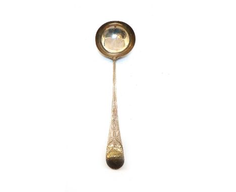 A George III Old English pattern silver soup ladle, by John Lambe, London 1786, with bright cut decoration, 33cm long, 5oztCo