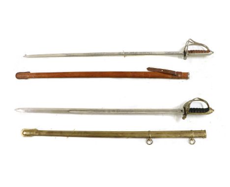 A Victorian infantry pattern sword, with cypher to the hilt, etched blade and brass scabbard, 103cm long, together with a Roy
