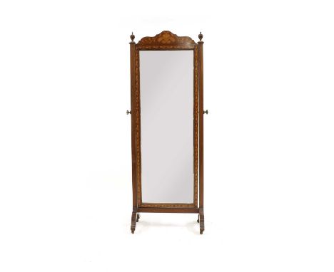 A late 19th century Scottish mahogany and marquetry inlaid cheval mirror, inlaid with acorn motif and with ornate cresting, 1