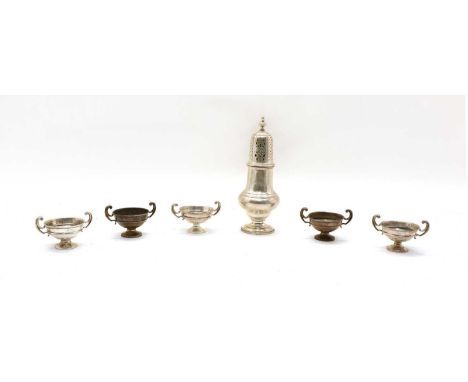 A silver sugar caster, by Williams Comyns &amp; Sons Ltd, London 1927, 20.5cm high, together with five silver trophies, each 