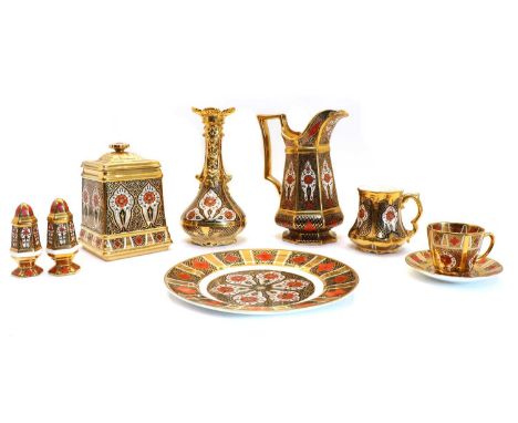 An assortment of Burtondale Imari decorated ceramics, in the manner of Royal Crown Derby, comprising an ewer and basin, two x