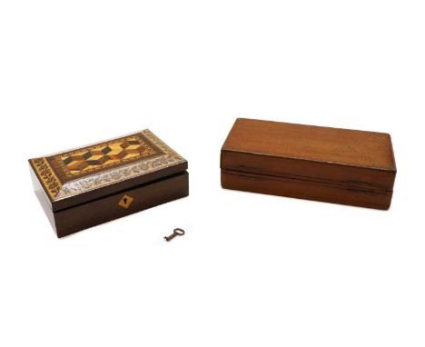 A travelling chess set and a Tunbridgeware sewing box, the chess set with natural and red stained ivory pieces, 25.5cm square