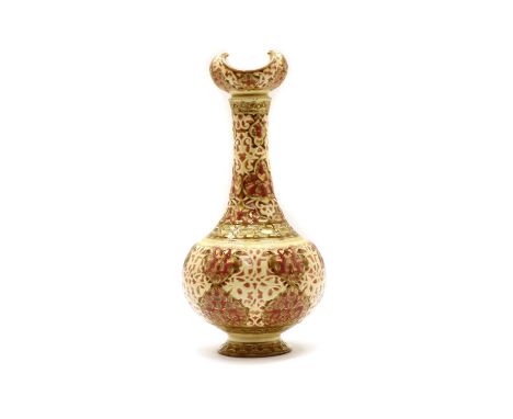 A Zsolnay-Pecs-style porcelain bottle vase, late 19th/ early 20th century, of Middle-Eastern influence, with a crescent-shape