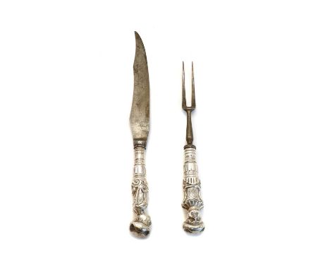 A Victorian silver handled carving knife and fork, by H J Lias &amp; Son, London 1870 (possibly?) with figural handles. 26 &a