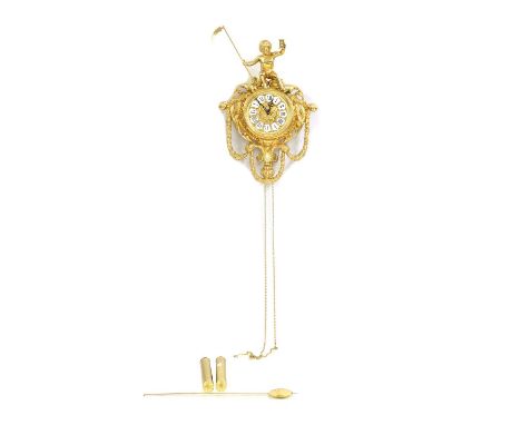 A gilt metal cartel style clock, by Franz Hermle & Sons, surmounted by a putti holding an hour glass and a scythe, with a pen
