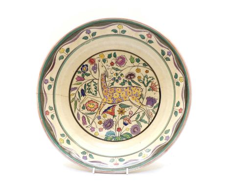 A Poole Pottery charger, painted in the 'Deer' pattern, painted green monogram, 37.5cm diameterCondition report: Crack throug