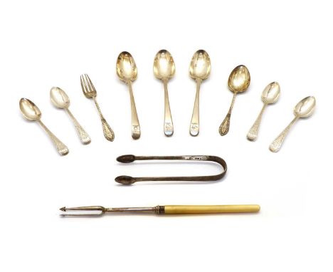 A set of three George III silver spoons, by Thomas &amp; William Chawner, London 1767, 17.7cm long, together with a set of fo