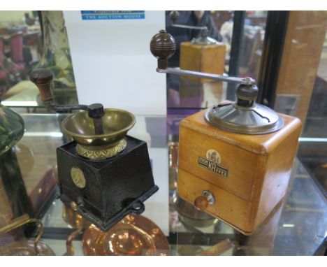 Coffee grinders: cast-iron and brass Archibald Kenrick &amp; Sons Ltd. West Bromwich 18cm, and Mok-Kaffee (Austria) wooden gr