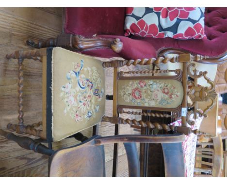 A Victorian bobbin turned chair, with original tapestry back and seat, as found