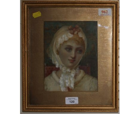 19th century English School Bust length portrait of a girl in a white bonnet Watercolour, initialled O.L.A. 21cm x 16cm