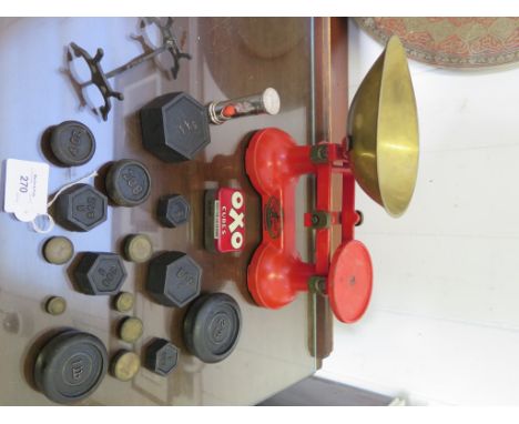 'The Viking' scales by F.J. Thornton &amp; Co. Ltd. Wolverhampton with six brass and ten lead weights, knife-rest, OXO tin an