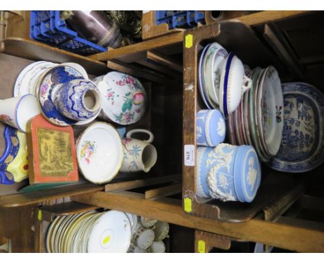 A pair of Booths saucers in the style of Dr Wall Worcester, various commemorative saucers, jasperwares , plates and ceramics