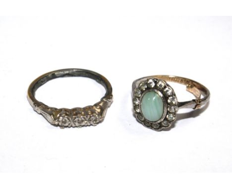 A paste set ring and a 1930s three stone diamond ring, as found (2)
